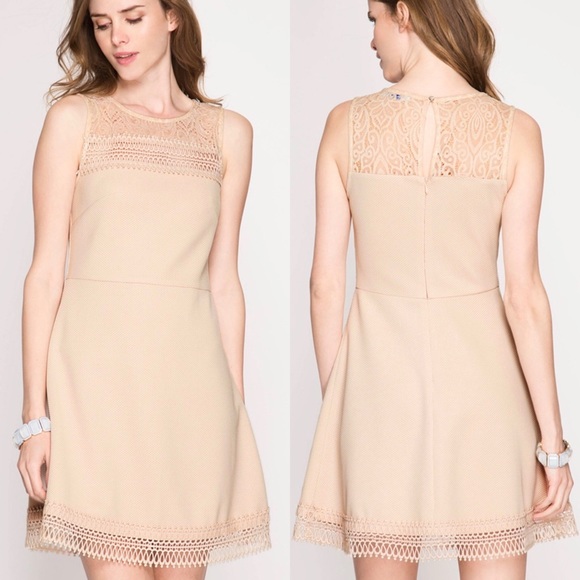 She and Sky Dresses & Skirts - Flare Dress with Lace Trim in Nude Color
